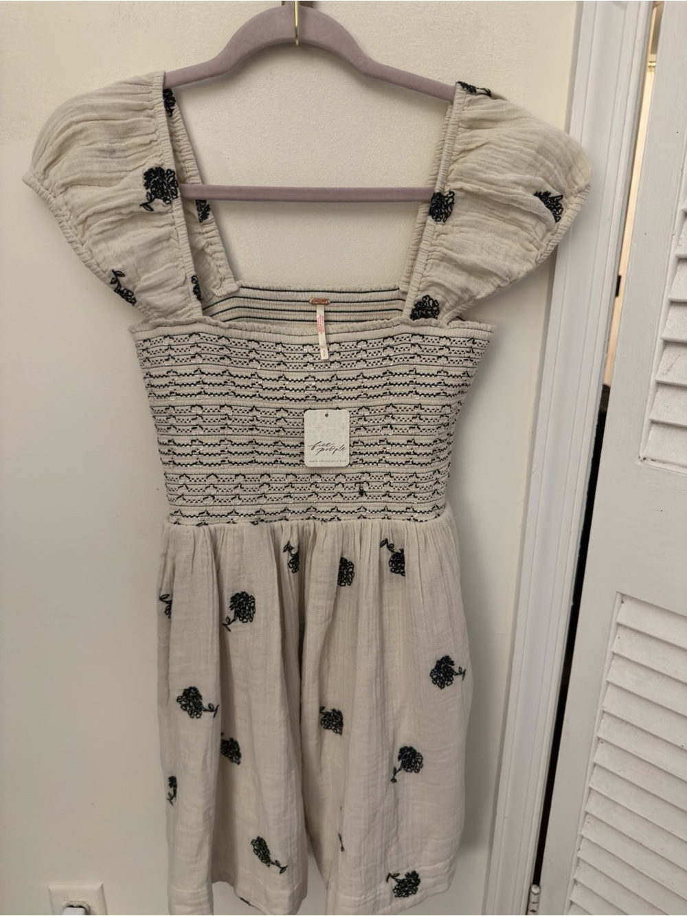 NWT Free People Tory Embroidered Mini Dress Smocked Ivory Black | Size Small